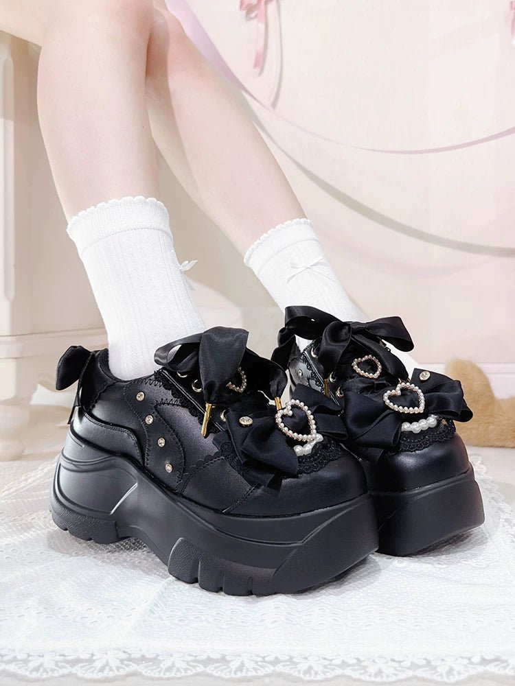 Showa Bubble Pearl Heart Bow Platform Shoes - LolitaEra