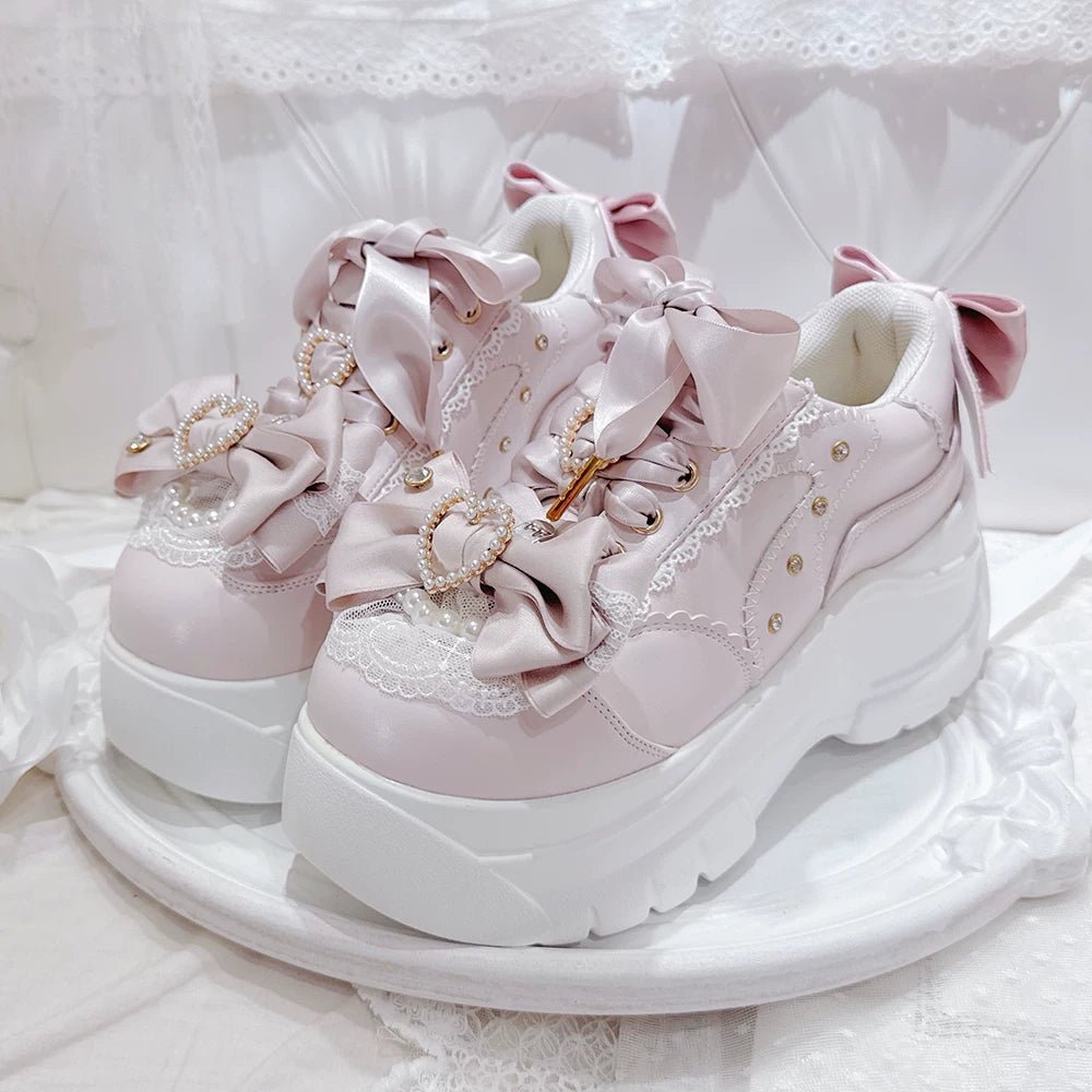 Showa Bubble Pearl Heart Bow Platform Shoes - LolitaEra
