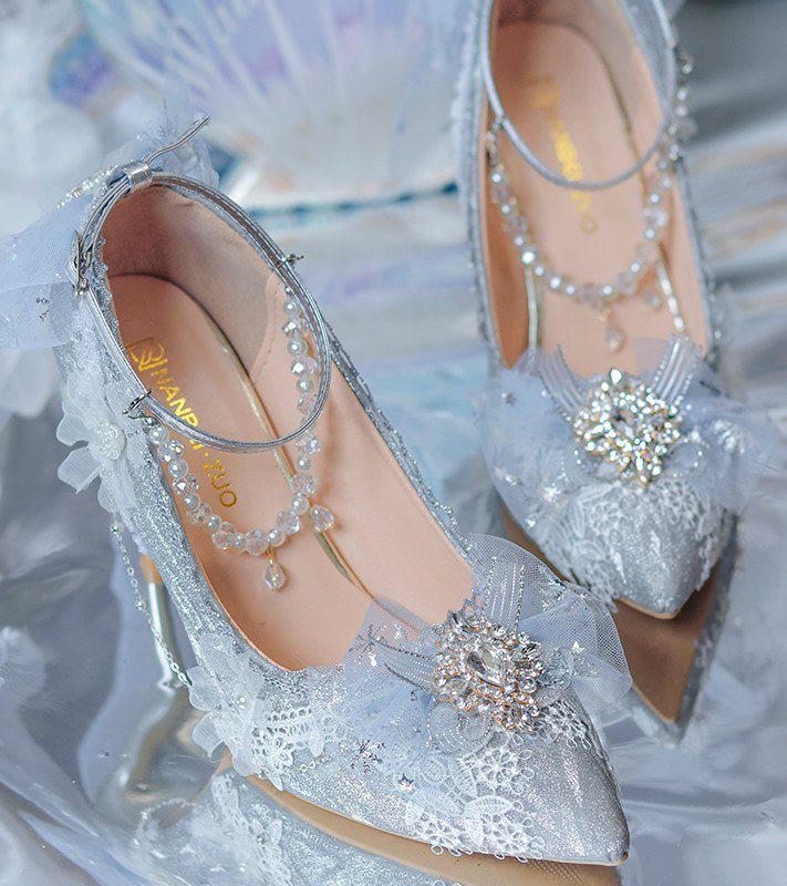 Silver Pearl Chain High Heel Pumps - LolitaEraSilver 8cm35Silver Pearl Chain High Heel Pumps
