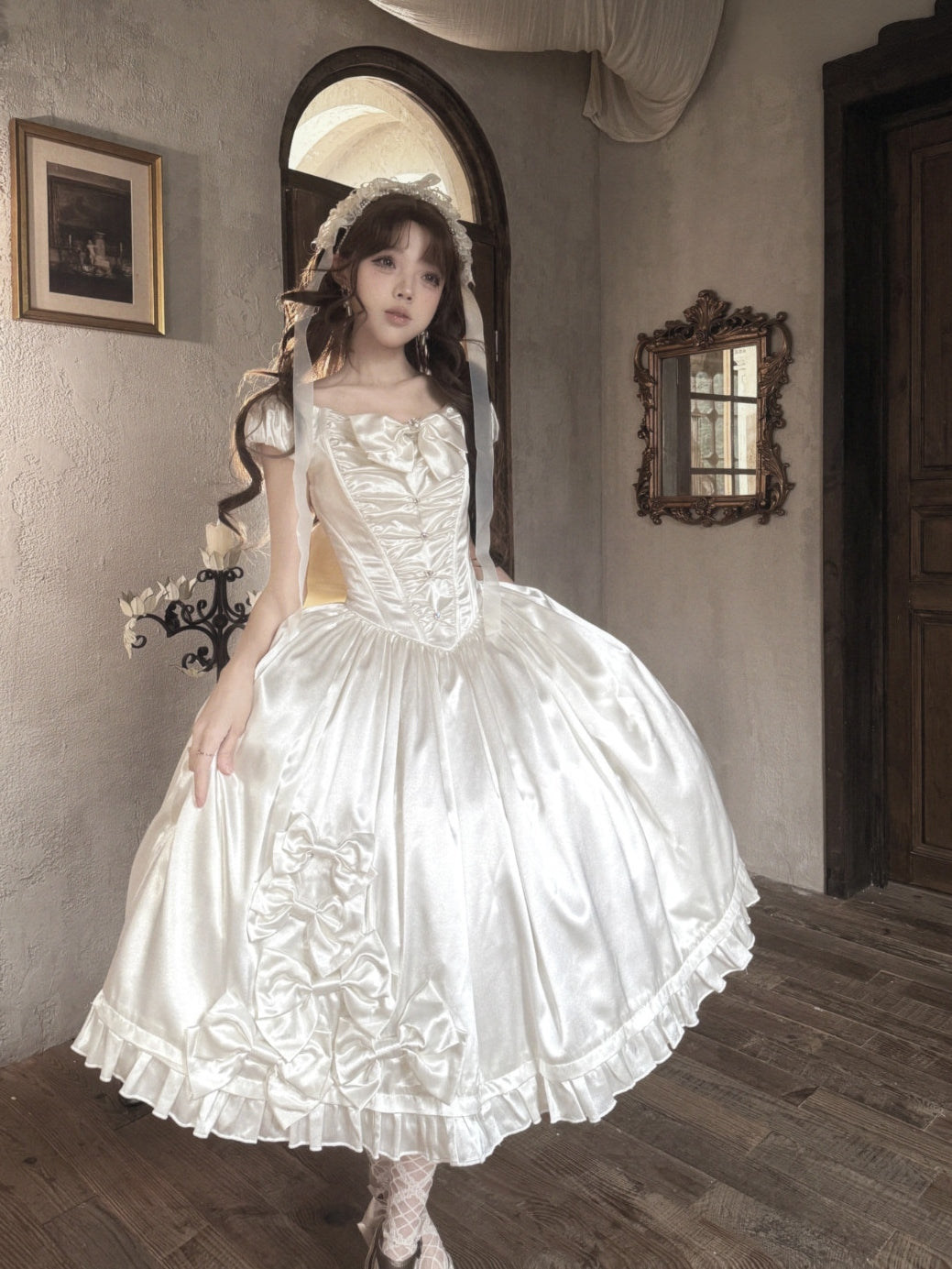 Silver Satin Box Bow Sash Puff Sleeve Classic Lolita OP Dress - LolitaEra