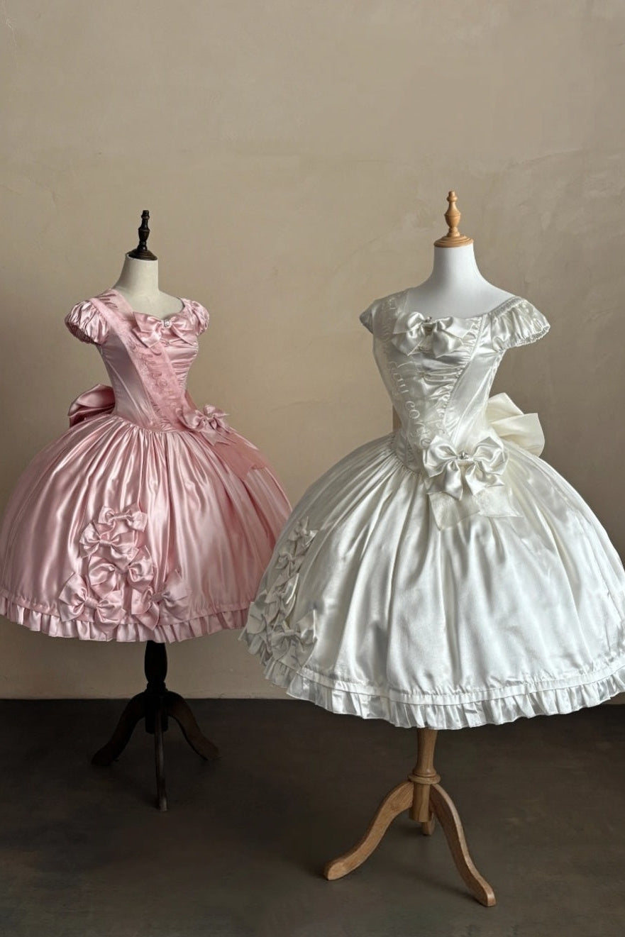 Silver Satin Box Bow Sash Puff Sleeve Classic Lolita OP Dress - LolitaEra