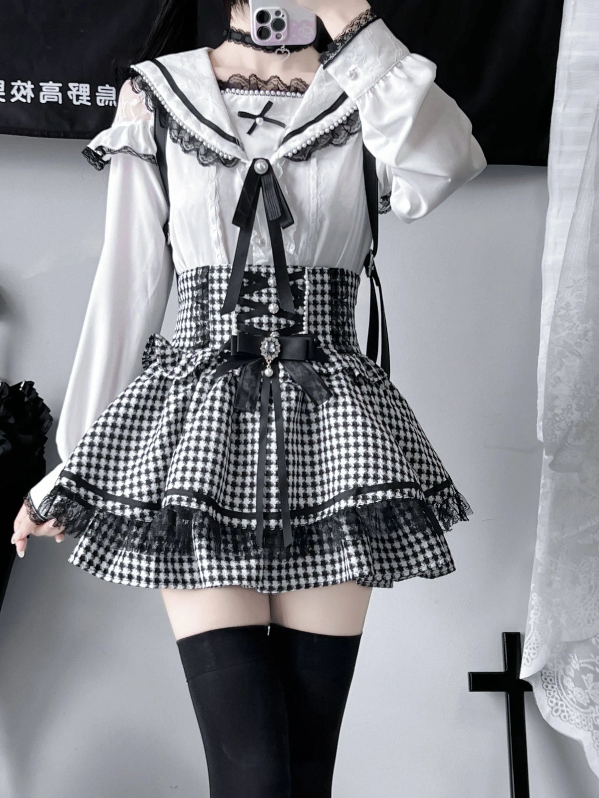 *Skirt* Virtual Heaven Original Design Mass-Produced Japanese-Style Skirt with Bow, Lace, and Pearls, Cute and Adorable