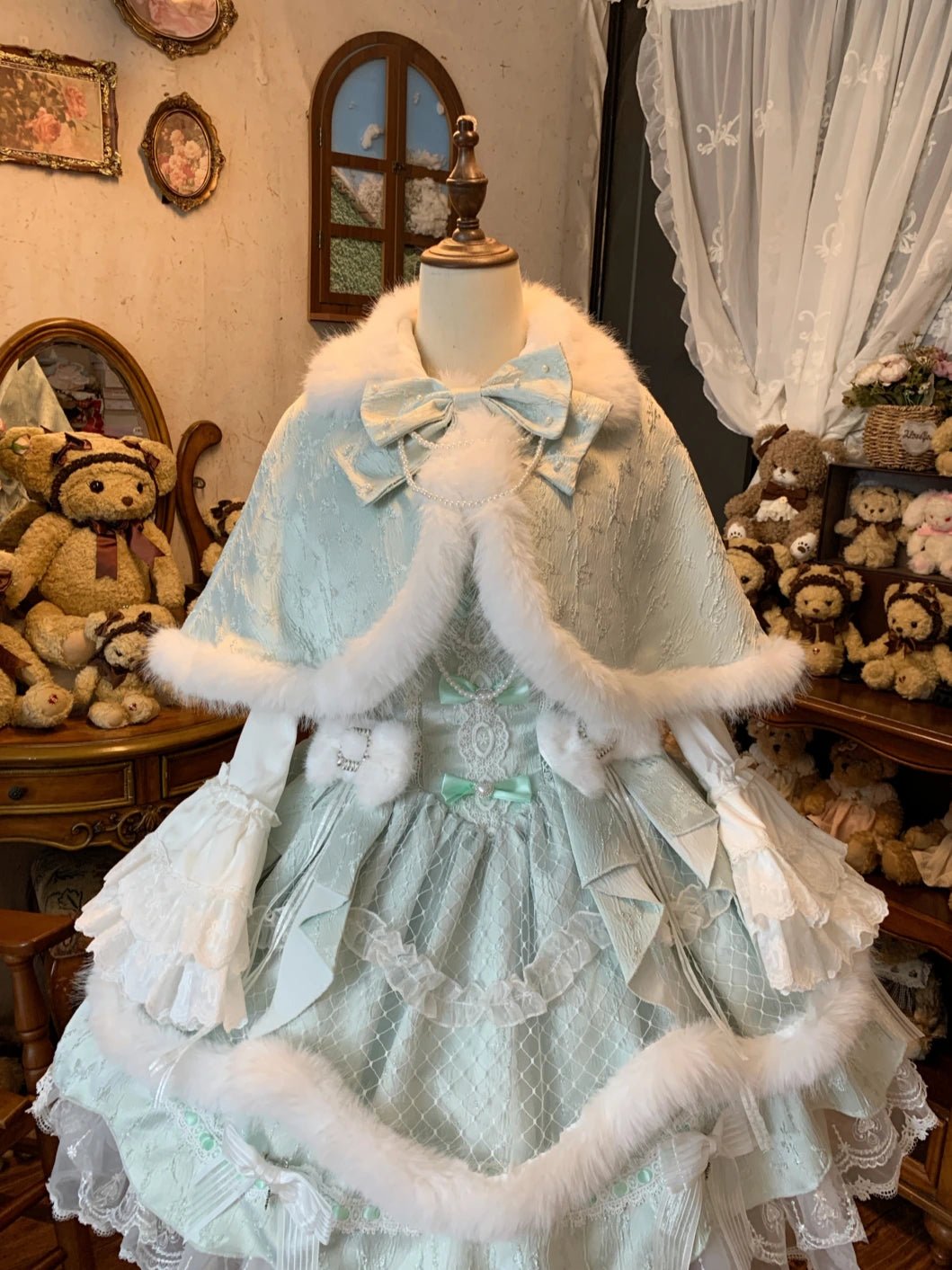 Snowfall Letter Lolita Autumn Winter Plush Mint Green JSK Dress Set - LolitaEra