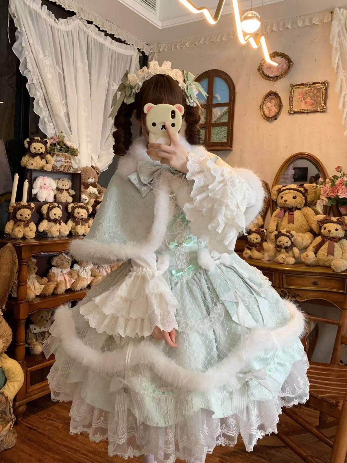 Snowfall Letter Lolita Autumn Winter Plush Mint Green JSK Dress Set - LolitaEra