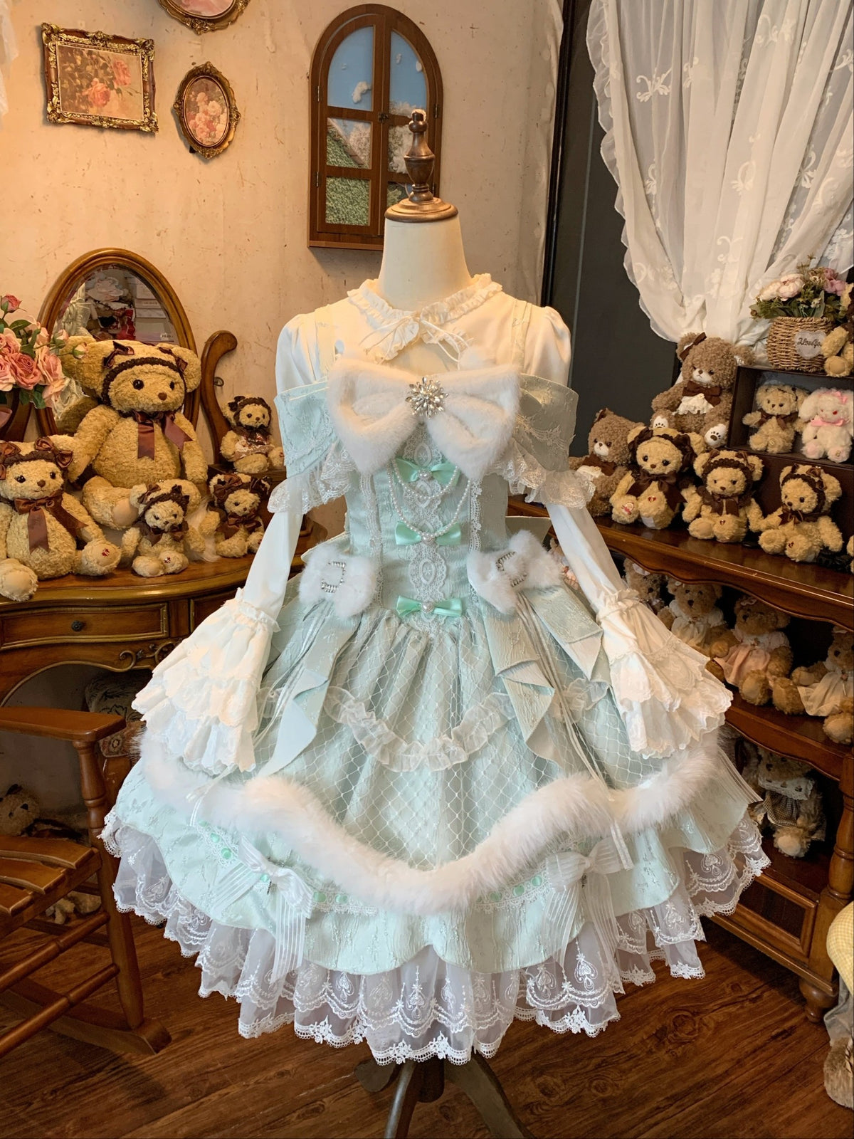 Snowfall Letter Lolita Autumn Winter Plush Mint Green JSK Dress Set - LolitaEra