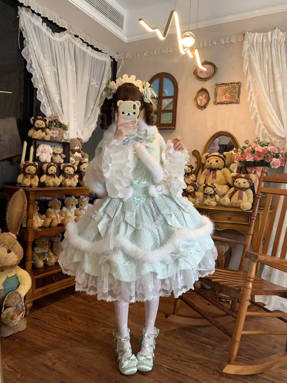 Snowfall Letter Lolita Autumn Winter Plush Mint Green JSK Dress Set - LolitaEra