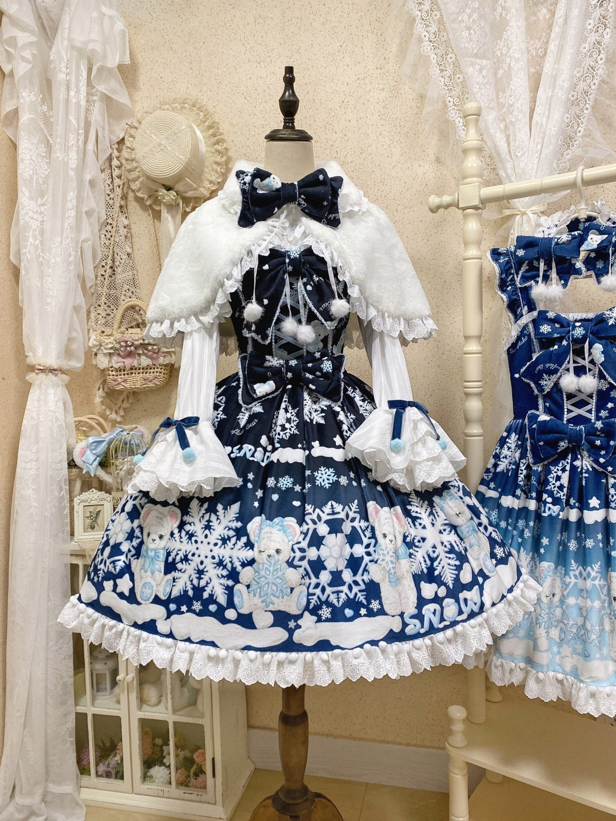 Snowflake Bear Black Christmas Plush Lolita JSK Dress Set - LolitaEra