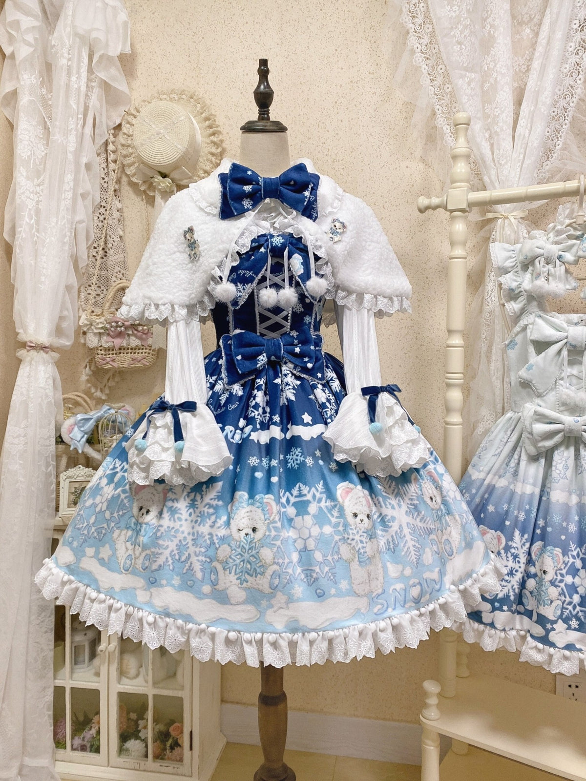 Snowflake Bear Deep Blue Christmas Plush Lolita JSK Dress Set - LolitaEra
