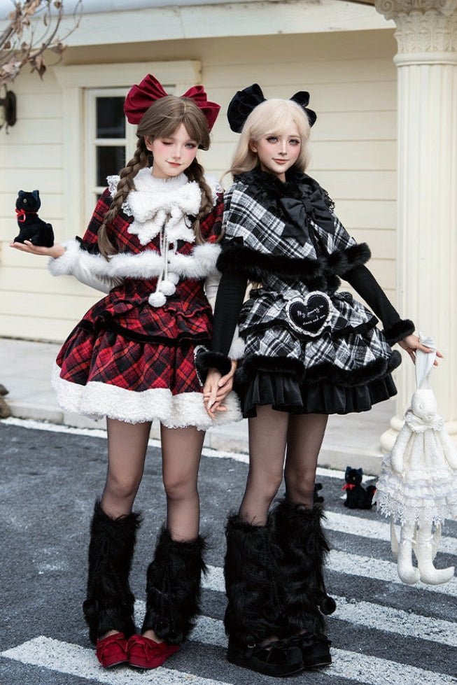 Snowy Night Serenade Warm Plaid Twin JSK - LolitaEraRed JSK+broochSSnowy Night Serenade Warm Plaid Twin JSK