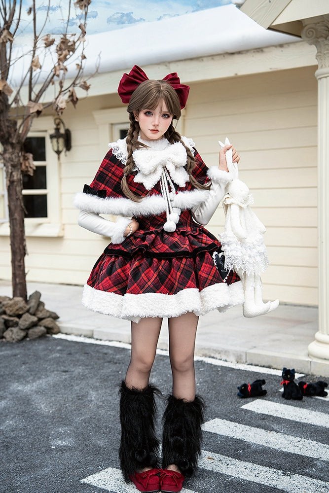 Snowy Night Serenade Warm Plaid Twin JSK - LolitaEraRed JSK+broochSSnowy Night Serenade Warm Plaid Twin JSK