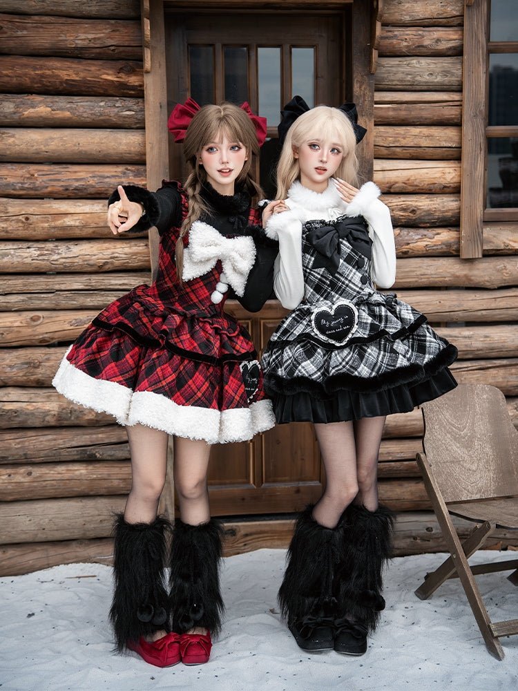 Snowy Night Serenade Warm Plaid Twin JSK - LolitaEraRed JSK+broochSSnowy Night Serenade Warm Plaid Twin JSK