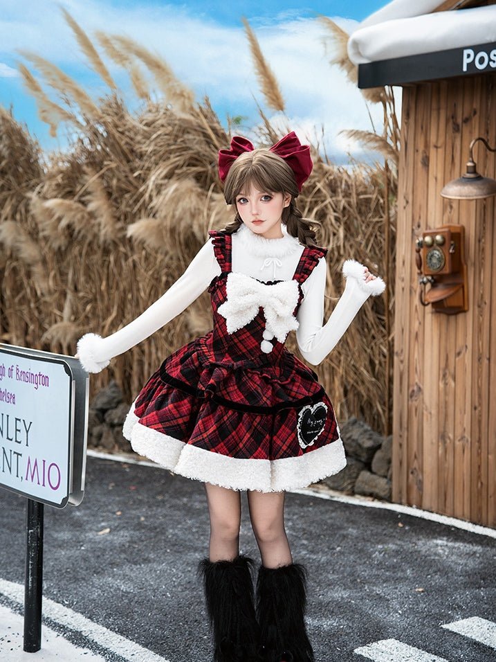 Snowy Night Serenade Warm Plaid Twin JSK - LolitaEraRed JSK+broochSSnowy Night Serenade Warm Plaid Twin JSK
