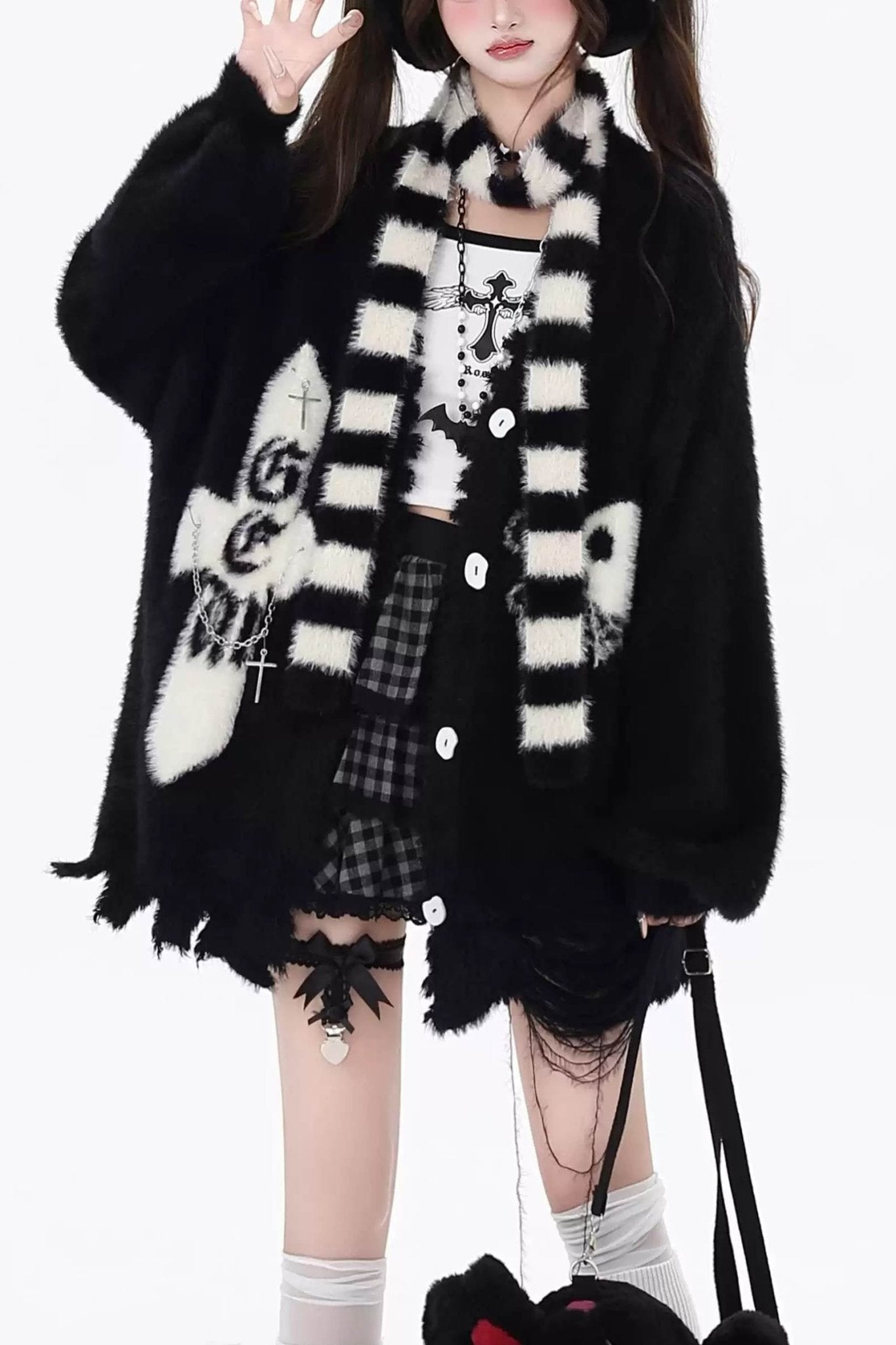 Soft Alternative Y2K Faux Fur Knit Cardigan Sweater - LolitaEraBlackSSoft Alternative Y2K Faux Fur Knit Cardigan Sweater