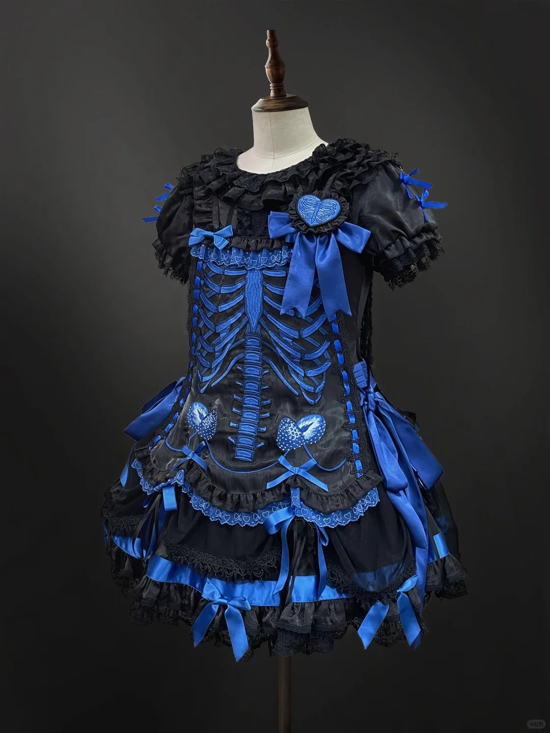 Strawberry Heart Bone Black and Blue Gothic Lolita OP Dress