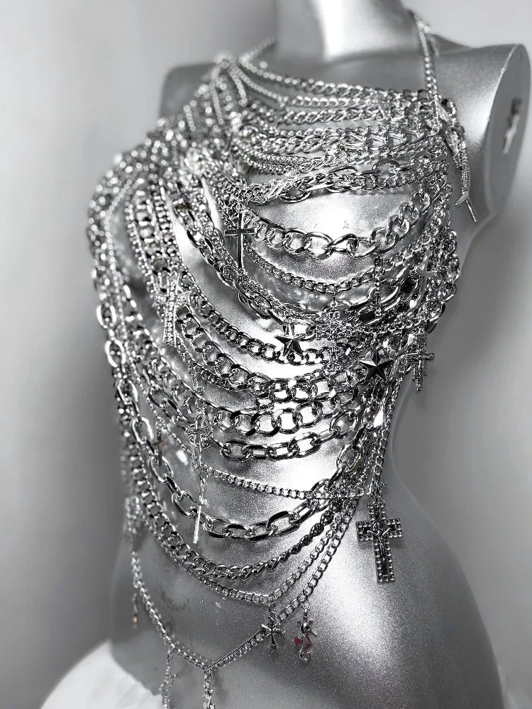 Queen of Tears*TDH Original Wilderness Sparkling Silver Cross Body Chain Hot Girl Hanging Neck Suspender Short Top