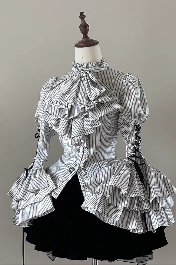 FlowerFairyDaily spot/original fogcrow/gothic striped sleeves strapped lolita shirt