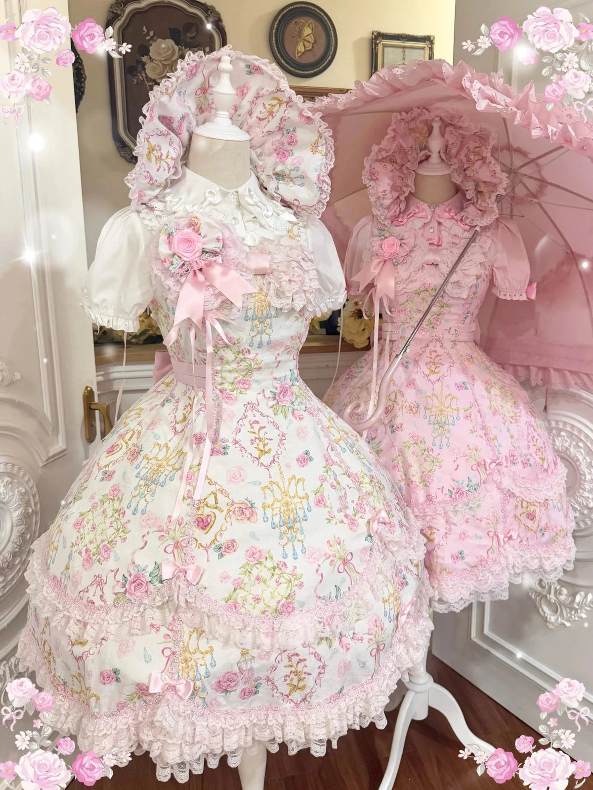 Spring 2025 Vintage Flower Wall Chandelier Rose Print Sweet Lolita JSK Dress - LolitaEra