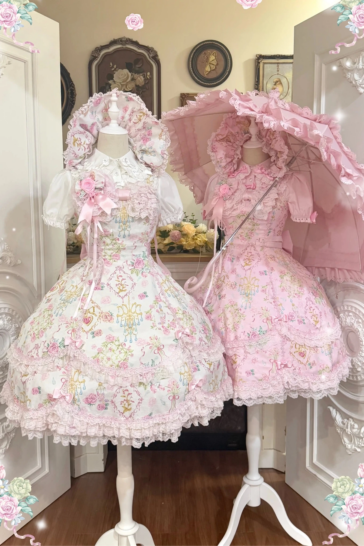 Spring 2025 Vintage Flower Wall Chandelier Rose Print Sweet Lolita JSK Dress - LolitaEra