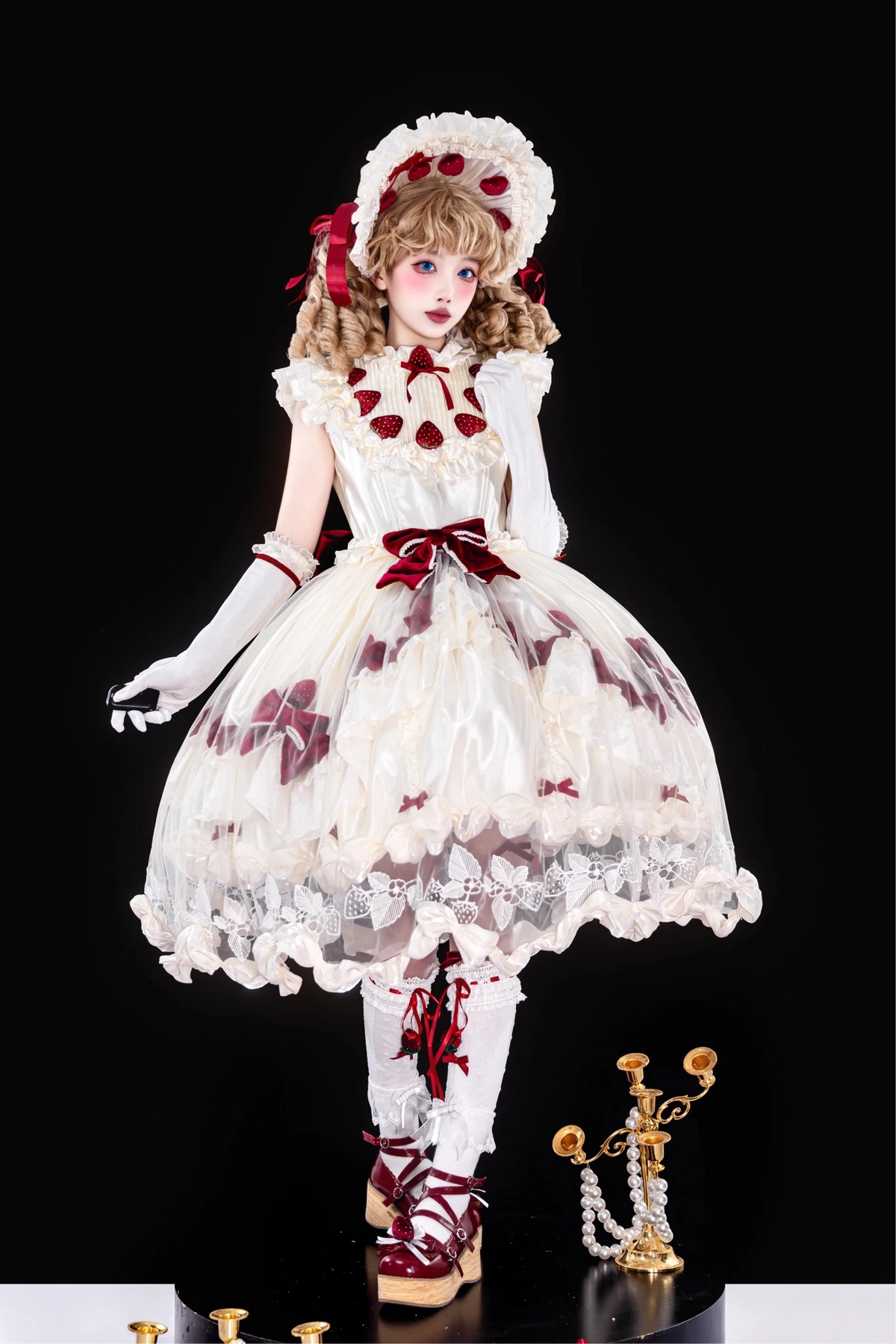 Strawberry Cream Cake White Sweet Lolita OP Set - LolitaEra