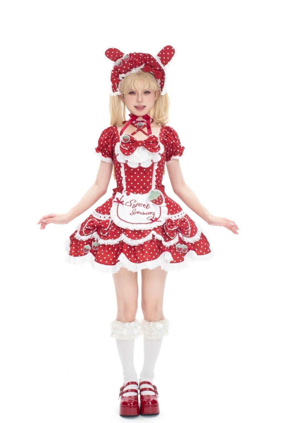 Strawberry Dot Kawaii Lolita Dress - LolitaEraRed+HairbandXSStrawberry Dot Kawaii Lolita Dress