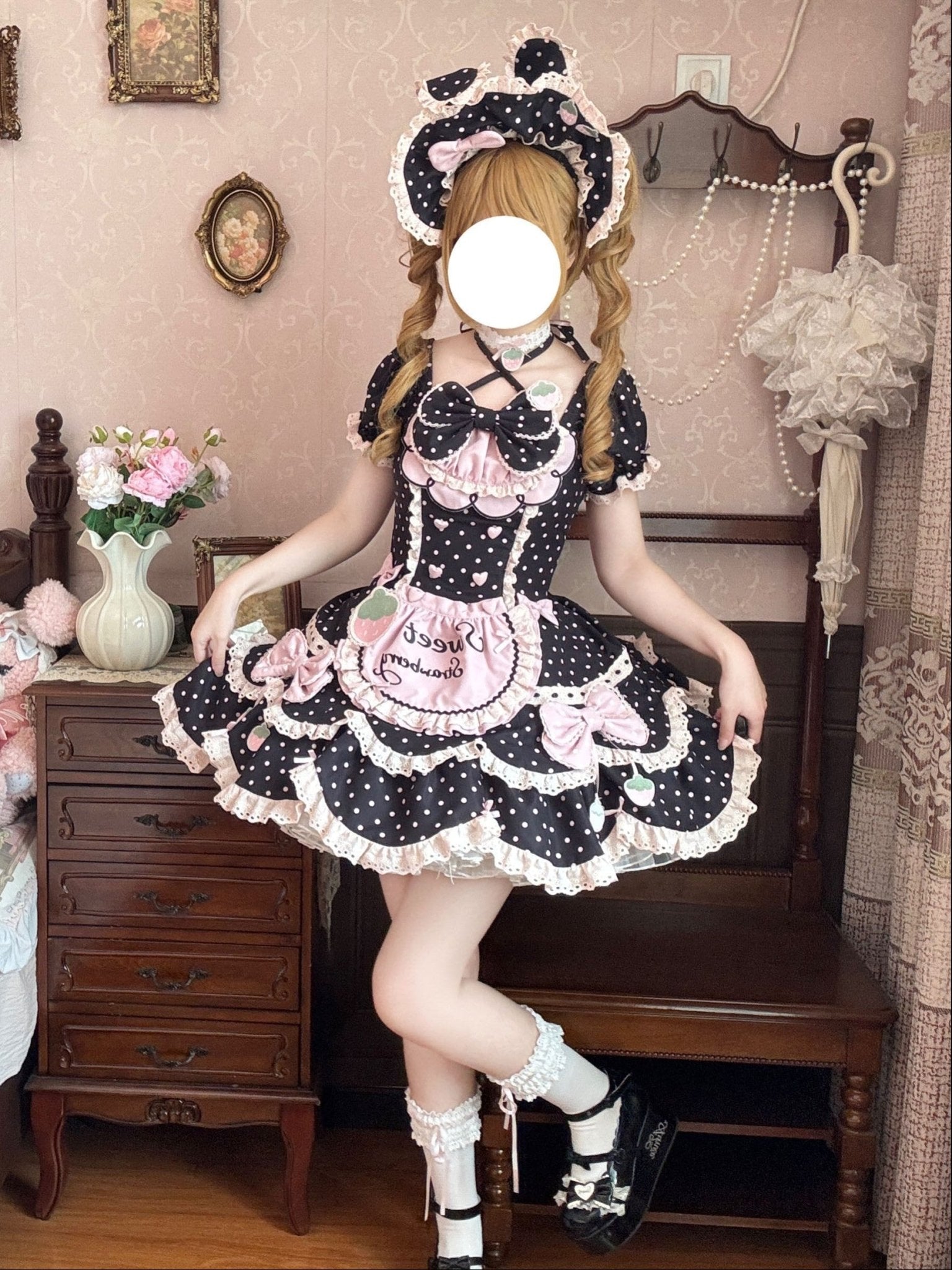 Strawberry Dot Kawaii Lolita Dress - LolitaEraBlack DressXSStrawberry Dot Kawaii Lolita Dress