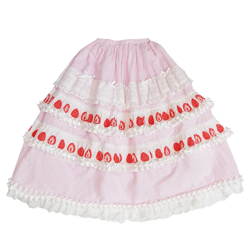 Daytoday daily research institute strawberry flavor cake print faceted lace bow lace long skirt