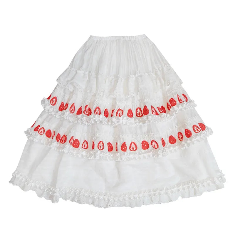 Daytoday daily research institute strawberry flavor cake print faceted lace bow lace long skirt