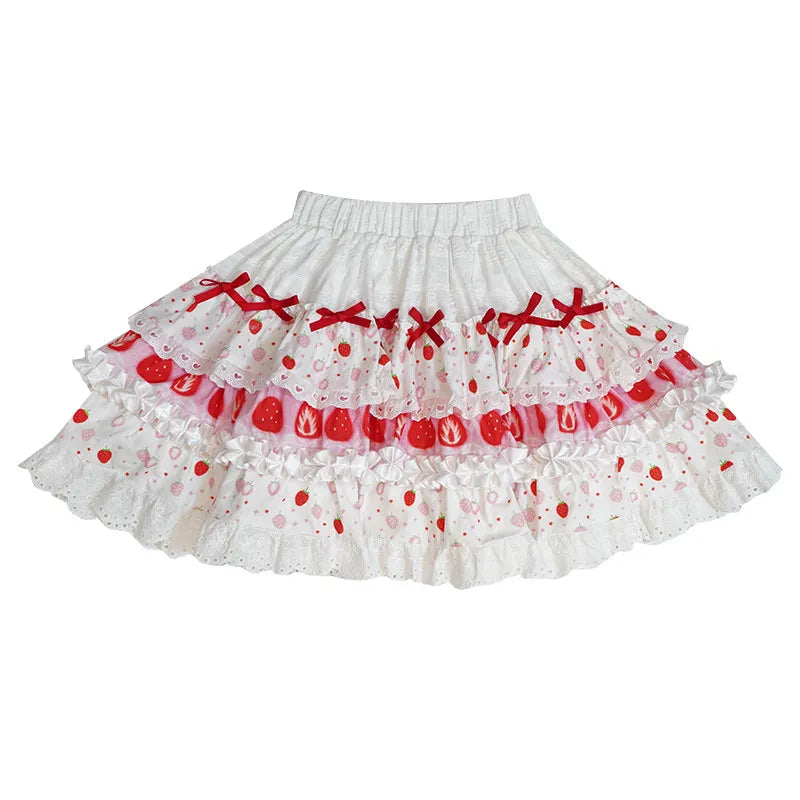 Daytoday Daily Research Institute Strawberry Flavor Cake Print Faceted Lace Bow Lace Short Skirt