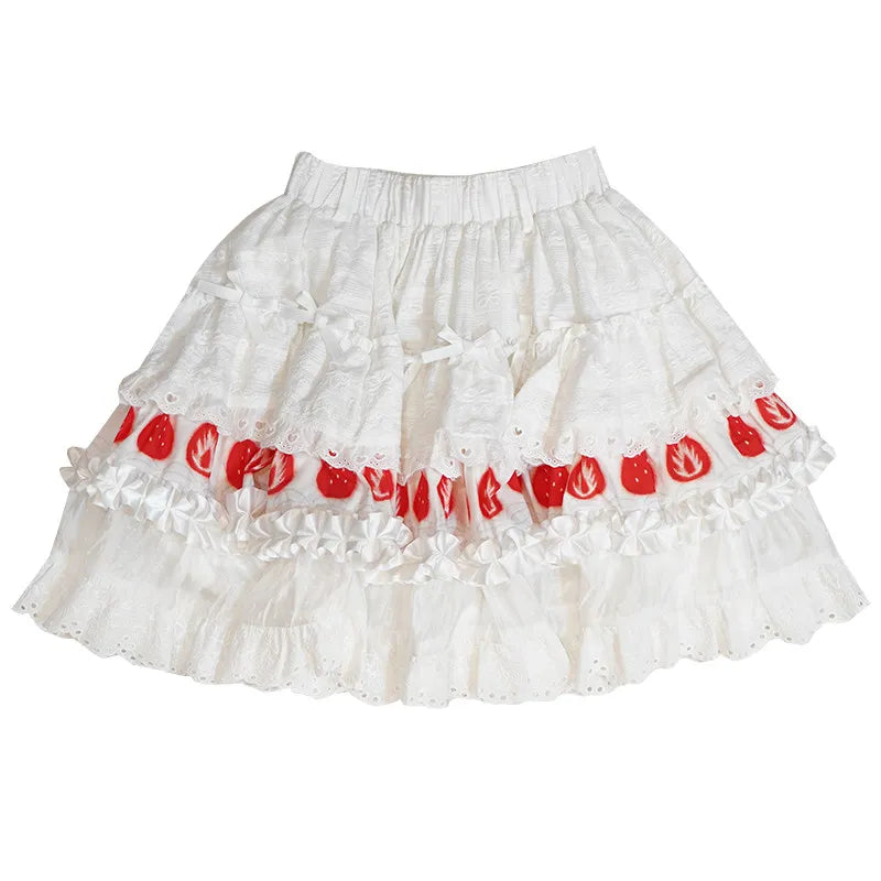 Daytoday Daily Research Institute Strawberry Flavor Cake Print Faceted Lace Bow Lace Short Skirt