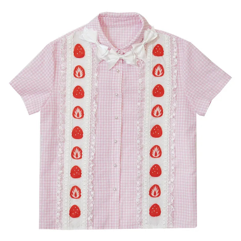Daytoday daily research institute strawberry flavor printed lace bow plaid short-sleeved shirt