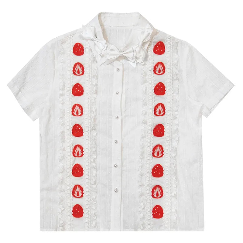 Daytoday daily research institute strawberry flavor printed lace bow plaid short-sleeved shirt