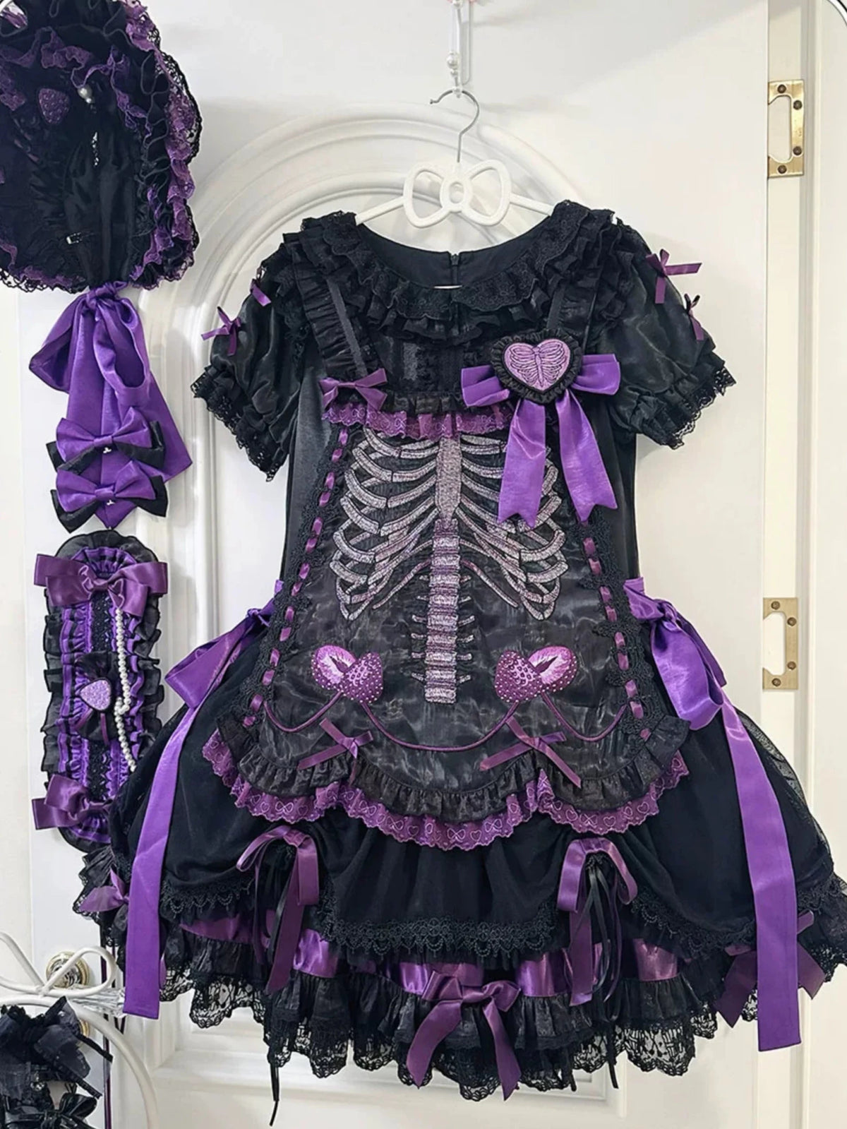 Strawberry Heart Bone Black and Purple Gothic Lolita OP Dress - LolitaEra