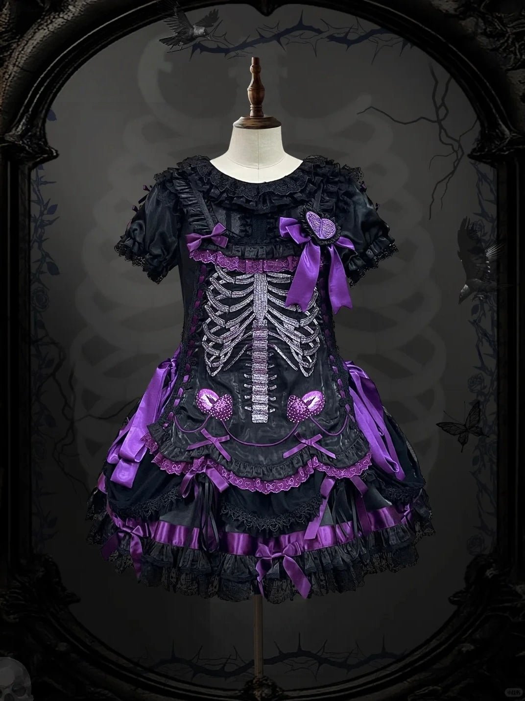 Strawberry Heart Bone Black and Purple Gothic Lolita OP Dress - LolitaEra