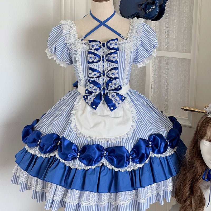 Striped Sweetheart Vintage Pearl Pink Lolita OP Dress Set - LolitaEra