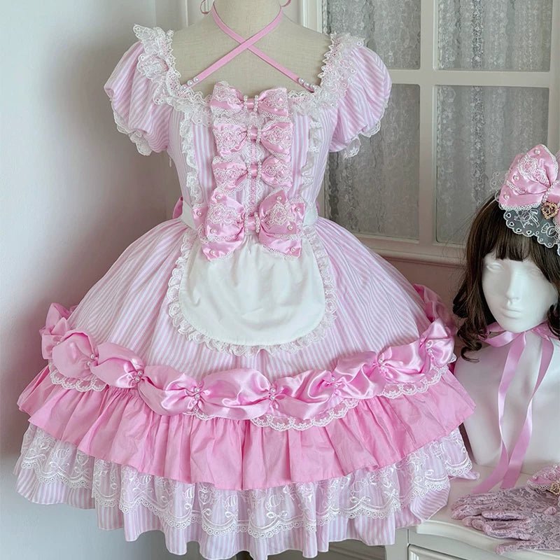 Striped Sweetheart Vintage Pearl Pink Lolita OP Dress Set - LolitaEra
