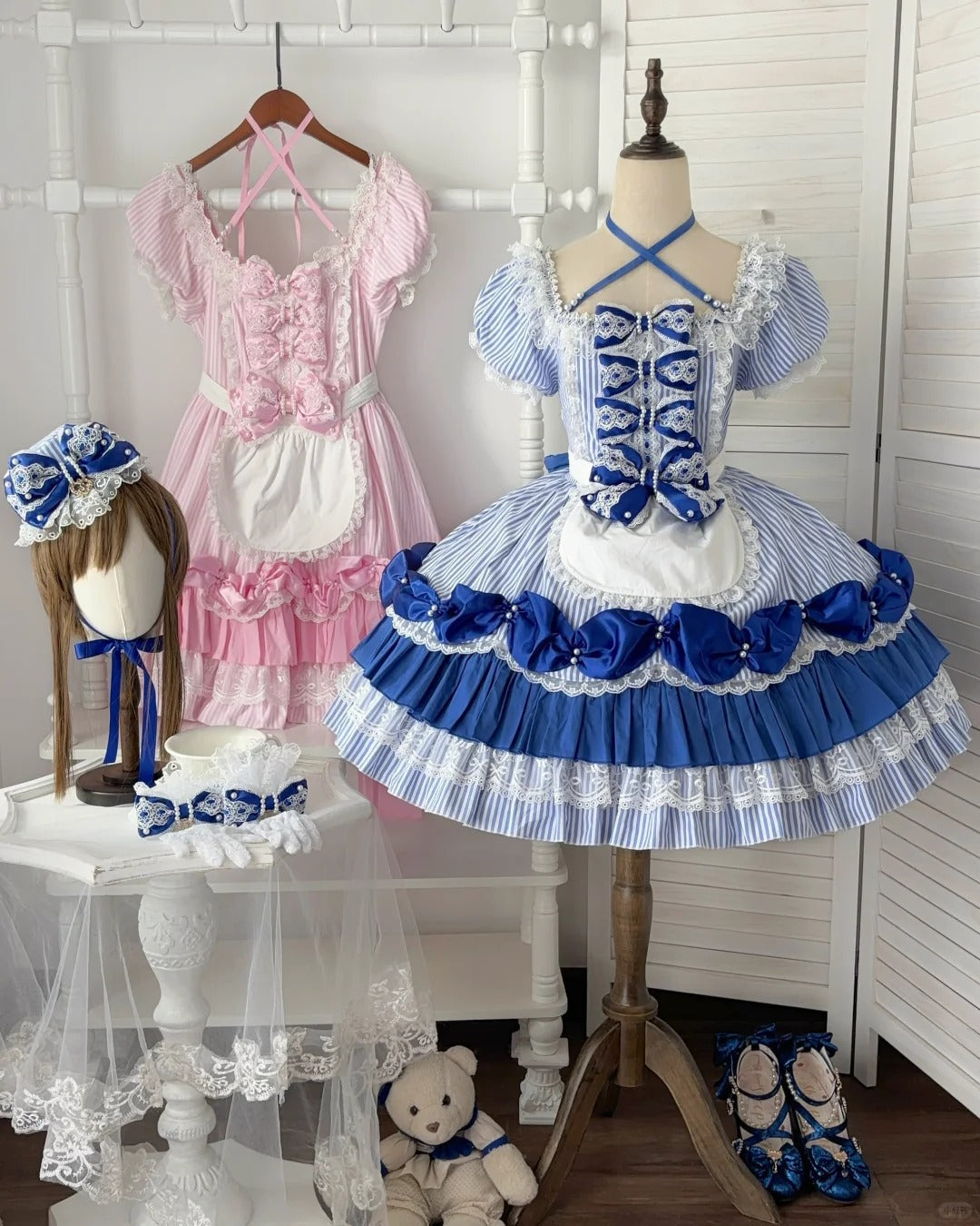 Striped Sweetheart Vintage Pearl Pink Lolita OP Dress Set - LolitaEra