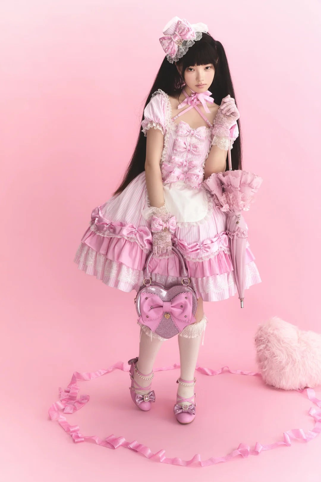 Striped Sweetheart Vintage Pearl Pink Lolita OP Dress Set - LolitaEra