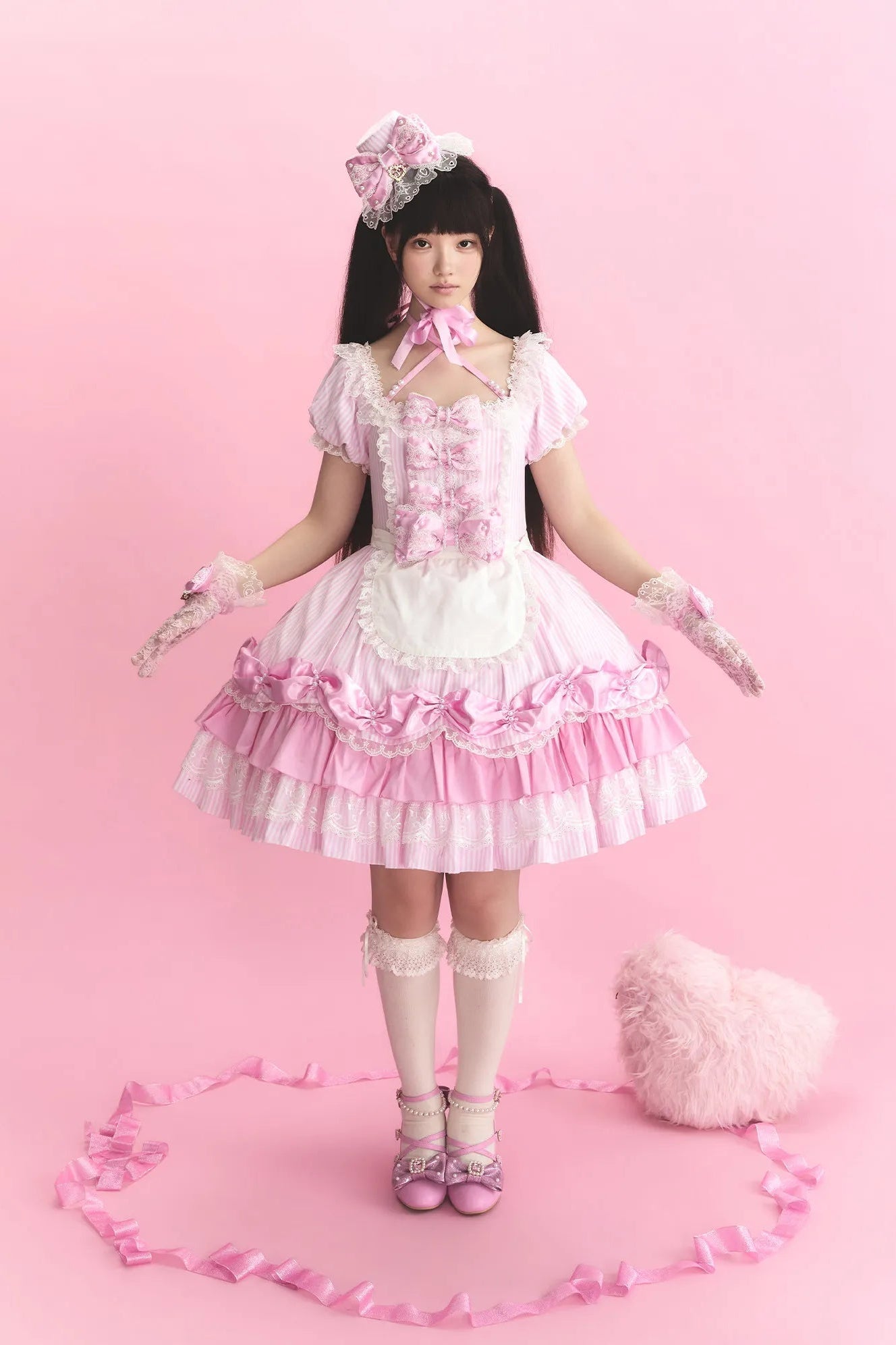 Striped Sweetheart Vintage Pearl Pink Lolita OP Dress Set - LolitaEra