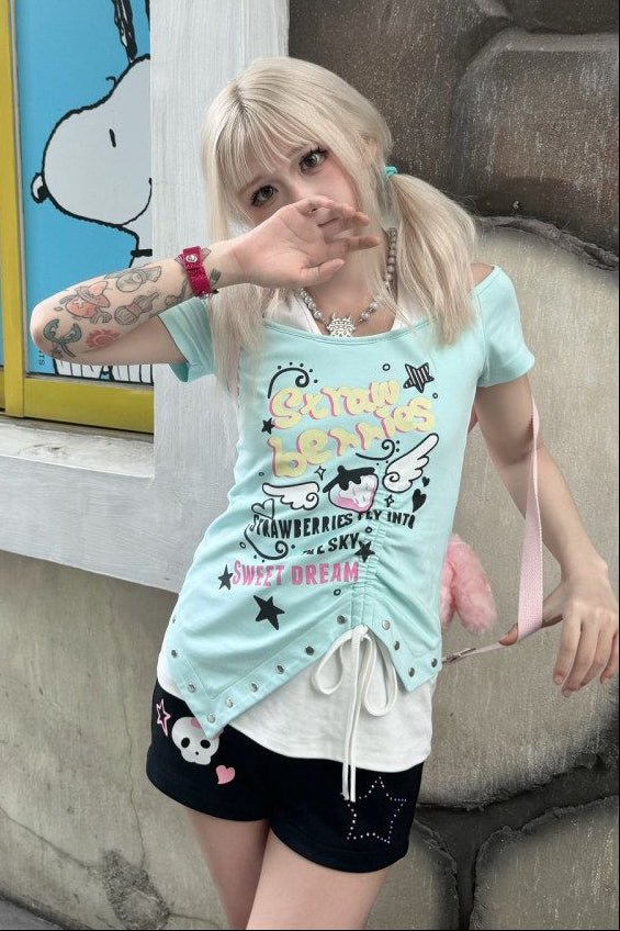 Subculture Kawaii Halter Blue Off - Shoulder Short - Sleeve T-Shirt - LolitaEraBlueSSubculture Kawaii Halter Blue Off - Shoulder Short - Sleeve T-Shirt