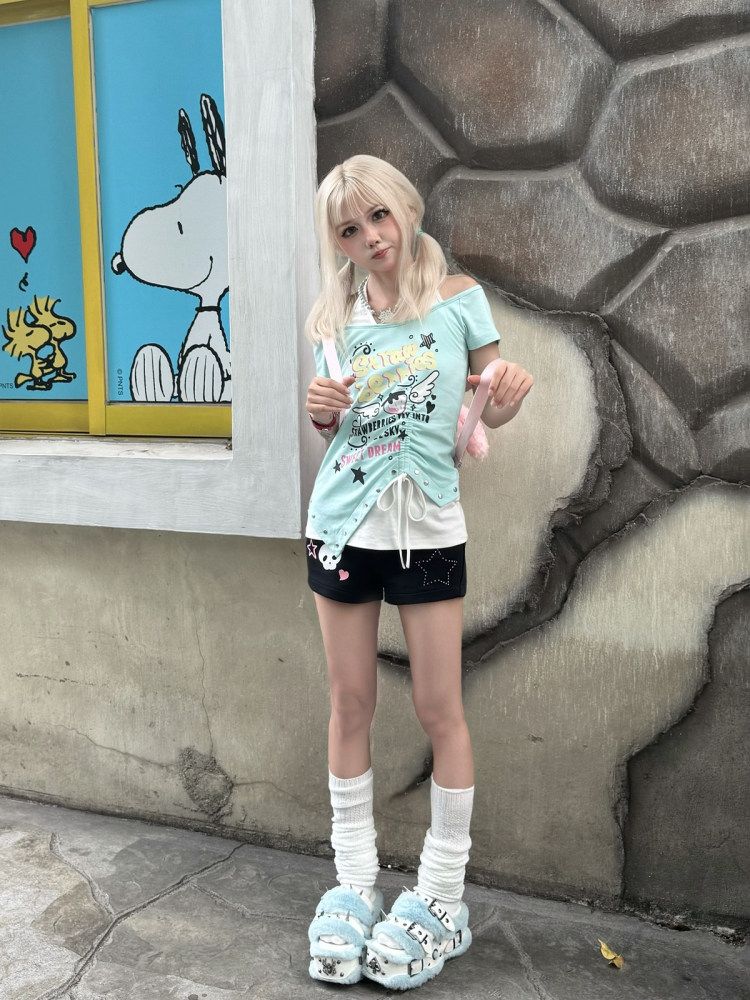 Subculture Kawaii Halter Blue Off - Shoulder Short - Sleeve T-Shirt - LolitaEraBlueSSubculture Kawaii Halter Blue Off - Shoulder Short - Sleeve T-Shirt