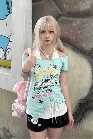 Subculture Kawaii Halter Blue Off - Shoulder Short - Sleeve T-Shirt - LolitaEraBlueSSubculture Kawaii Halter Blue Off - Shoulder Short - Sleeve T-Shirt
