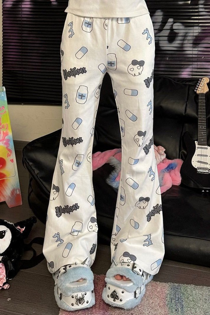 Subculture Skull & Pill Printed Casual Pants - LolitaEraWhiteSSubculture Skull & Pill Printed Casual Pants