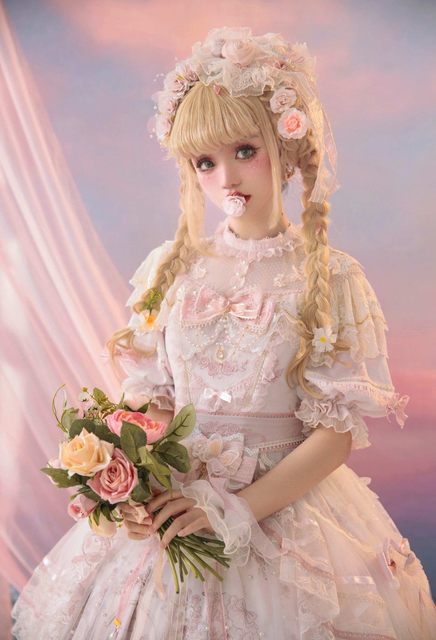 Sunset Land Embroidered Wedding Lolita Full Set 1235 - LolitaEraPink SetSSunset Land Embroidered Wedding Lolita Full Set 1235