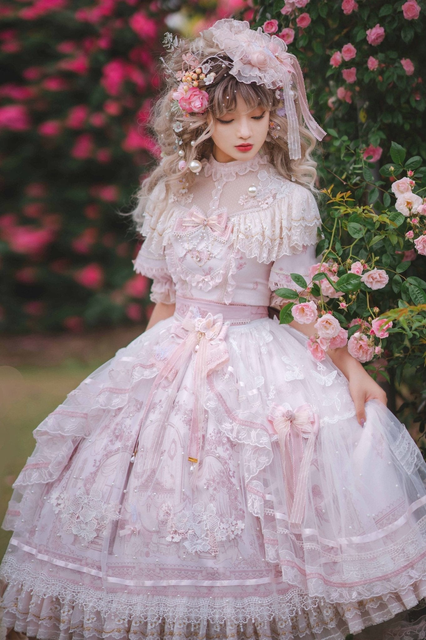 Sunset Land Embroidered Wedding Lolita Full Set 1235 - LolitaEraPink SetSSunset Land Embroidered Wedding Lolita Full Set 1235