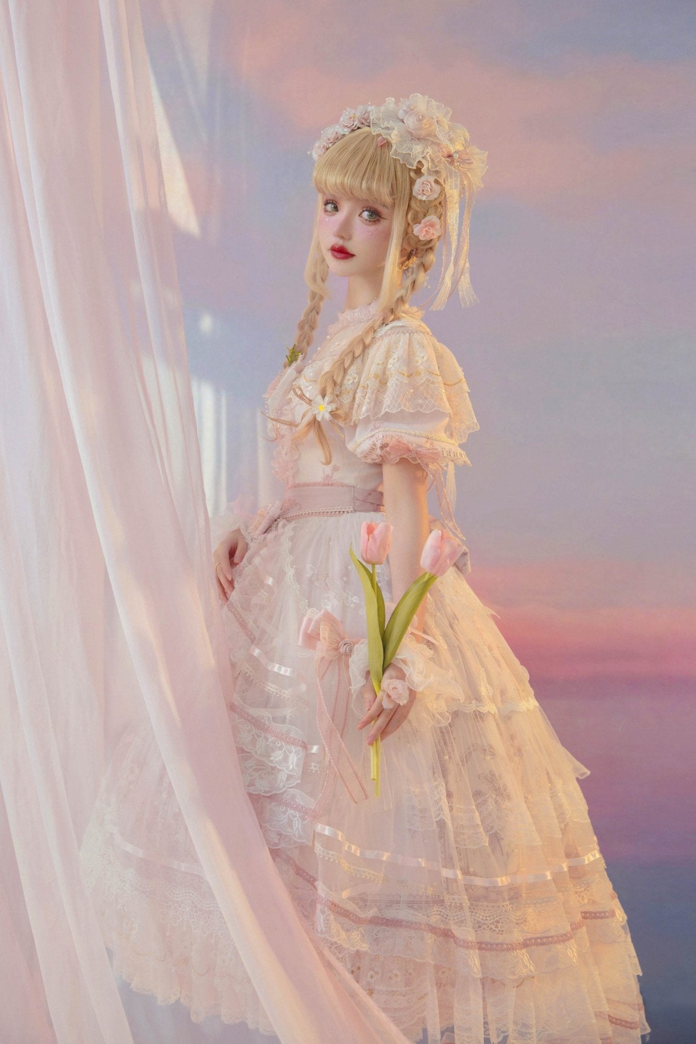 Sunset Land Embroidered Wedding Lolita Full Set 1235 - LolitaEraPink SetSSunset Land Embroidered Wedding Lolita Full Set 1235