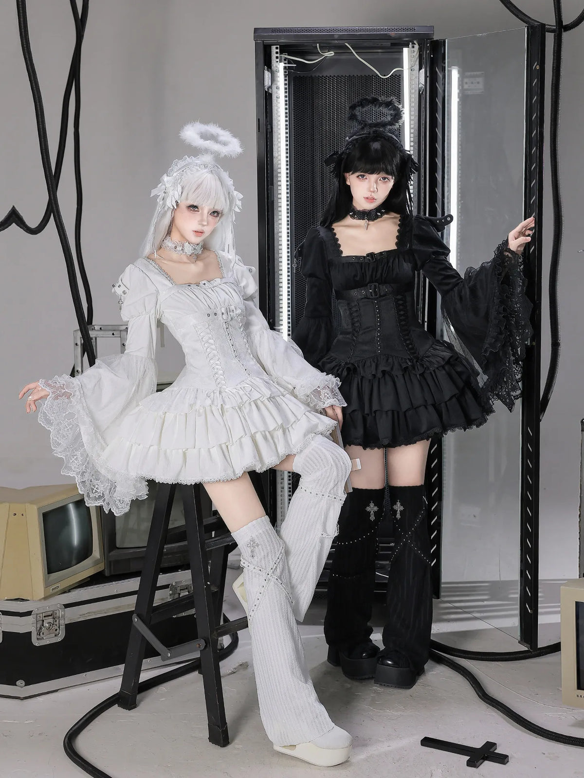 Letters and Poems · White Night Feather | WP Original Sub-brand Sweet & Cool Princess Sleeve Square Neck Ultra-short Dress Leg Warmers Twin Set Autumn
