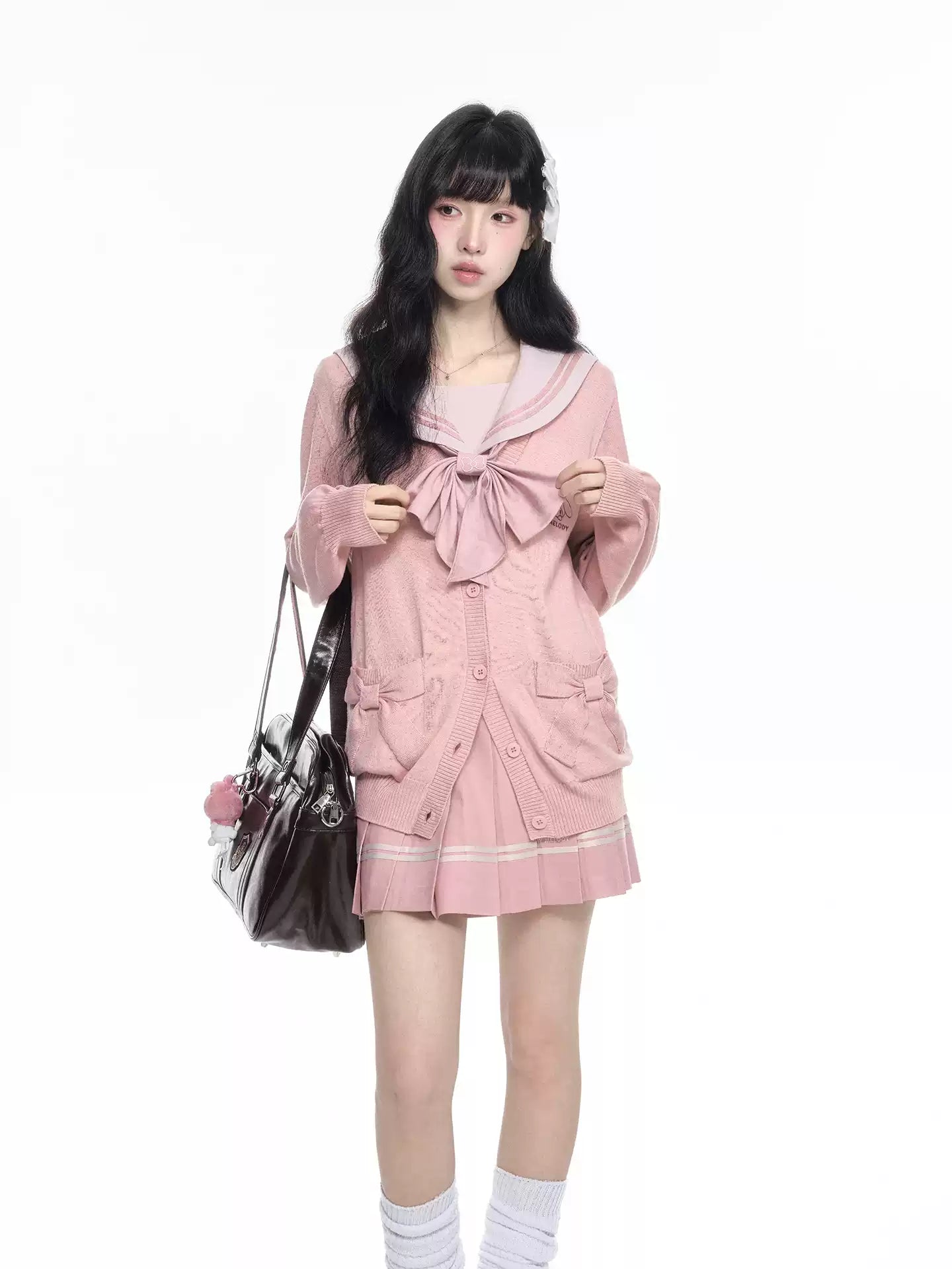 Sweet Korean Style Pink Knit Cardigan Sweater JK Uniform Set Women