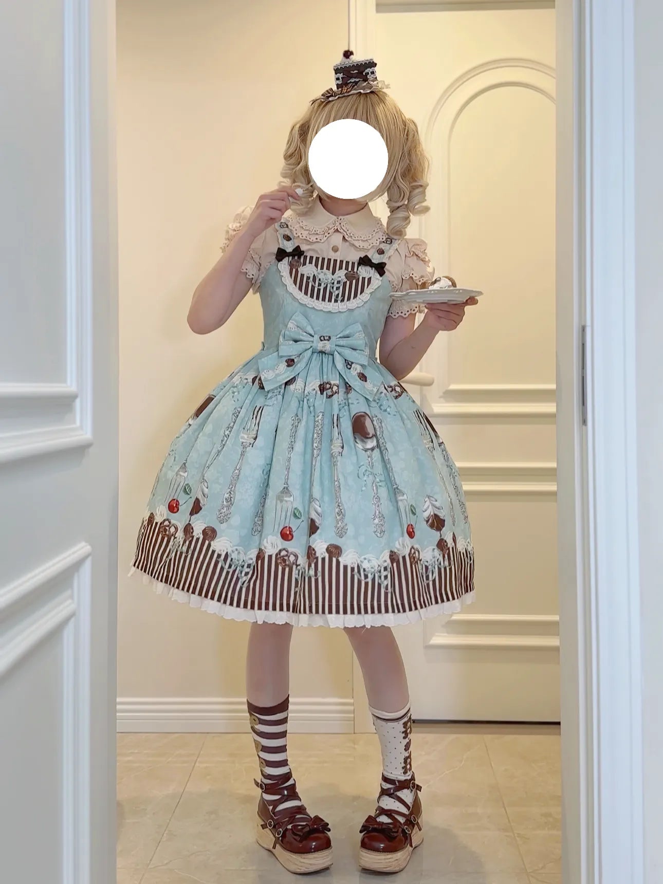 Full Payment Pre-order Dessert Off-center Waist JSK Original Thin Mint Print Lolita Design Dress - Day Rabbit