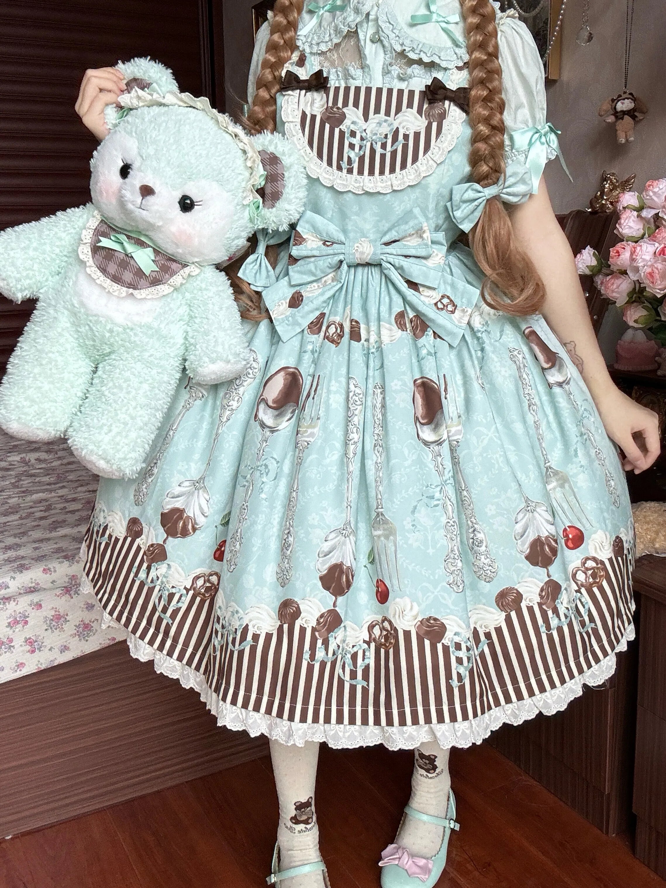 Full Payment Pre-order Dessert Off-center Waist JSK Original Thin Mint Print Lolita Design Dress - Day Rabbit
