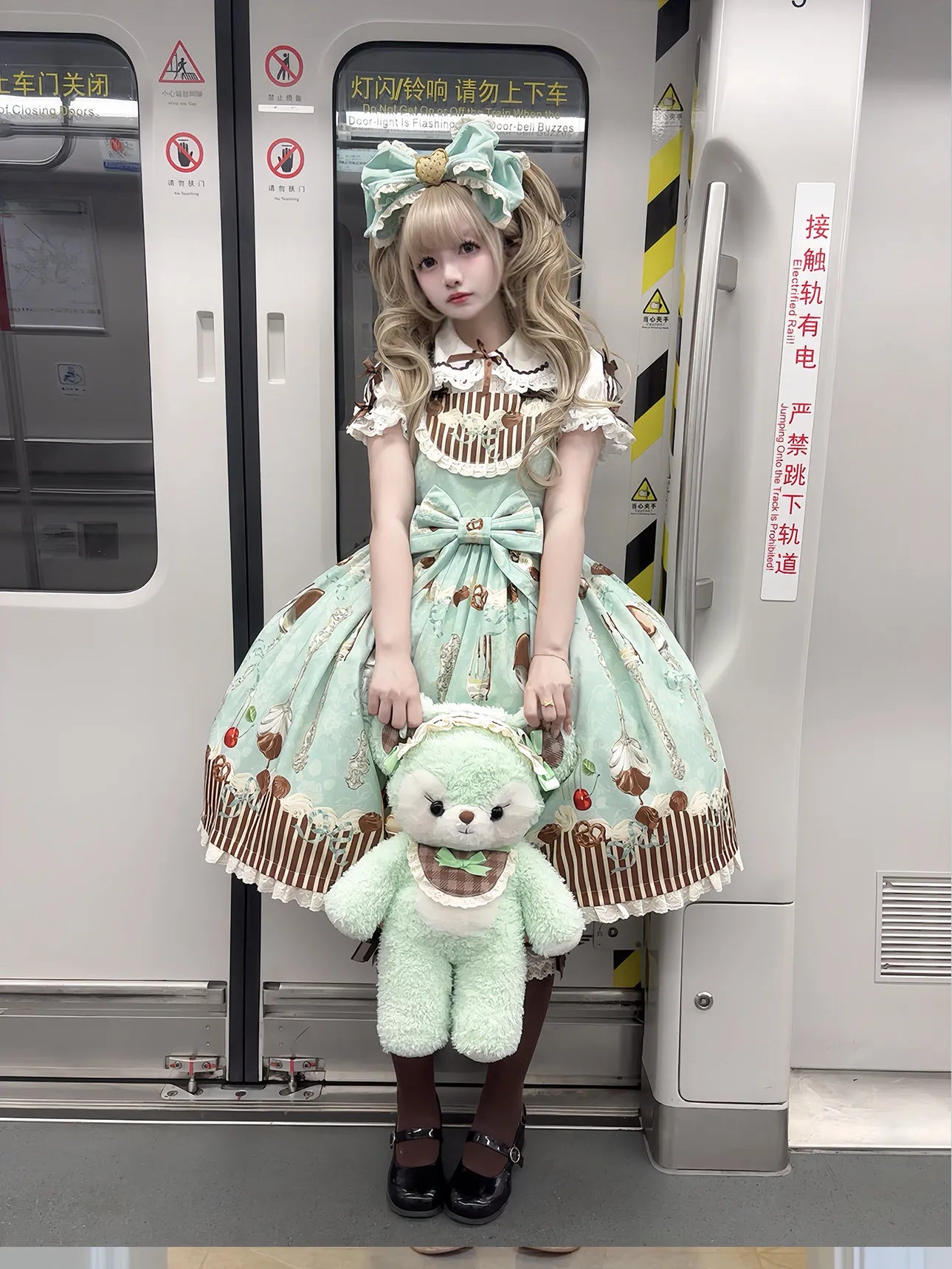 Full Payment Pre-order Dessert Off-center Waist JSK Original Thin Mint Print Lolita Design Dress - Day Rabbit